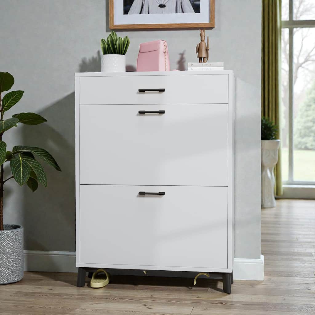 Shoe Storage Cabinet with 2 Flip Drawers, Freestanding Hidden Shoe Organizer with Metal Legs for Entryway