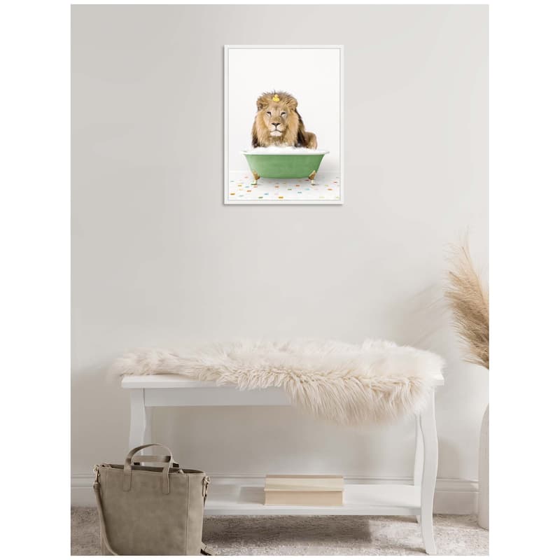 Kate and Laurel Sylvie Lion in Green Bathtub on Colored Tile Framed Canvas by Amy Peterson
