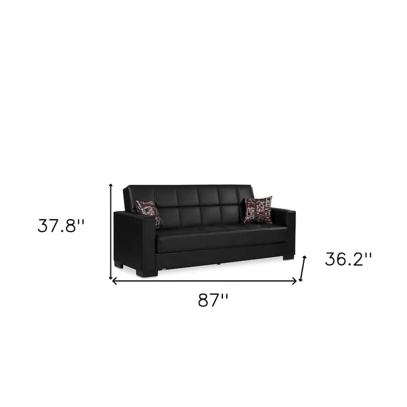 HomeRoots 87" Black Faux Leather Convertible Futon Sleeper Sofa And Toss Pillows With Storage