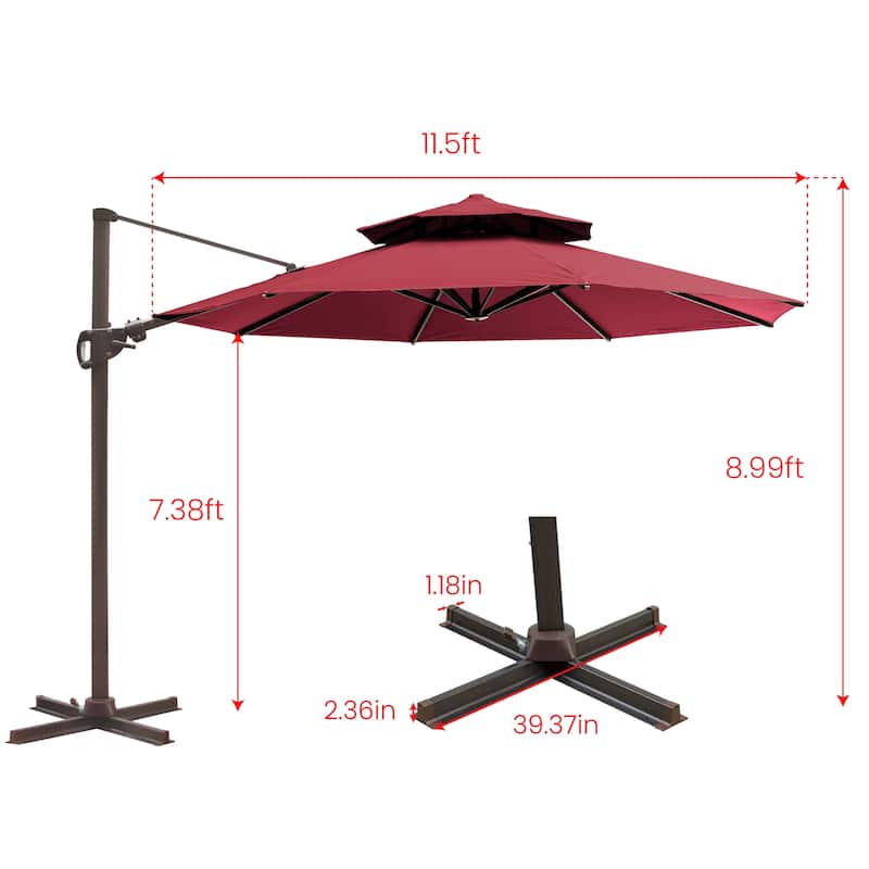 11 FT Outdoor Solar-Powered LED Light Aluminum Double Top Patio Cantilever Umbrella with Fillable Base