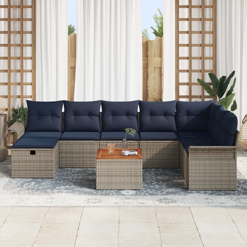 vidaXL 9 Garden Sofa Set with Cushions Black/Grey Poly Rattan - 117.1 x 73.8 x 27.2