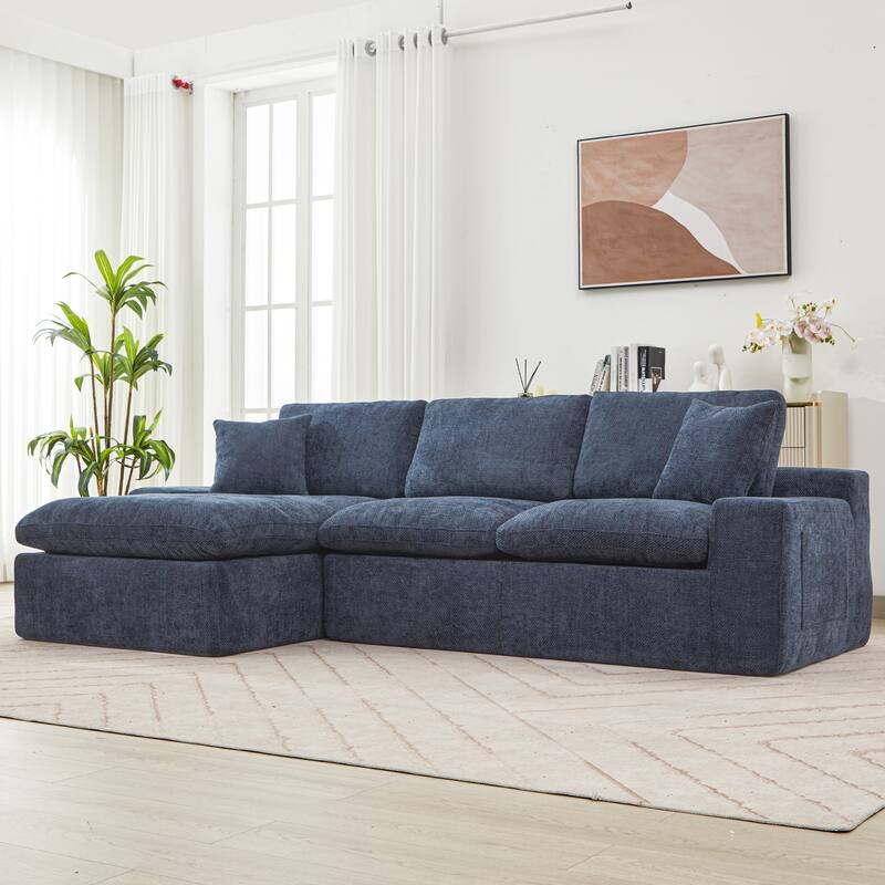 L-Shape Cloud Sectional Sofa with Chaise, Chenille Modular Boneless Upholstered Couche, Full-Compressed Sofa with Side Pockets