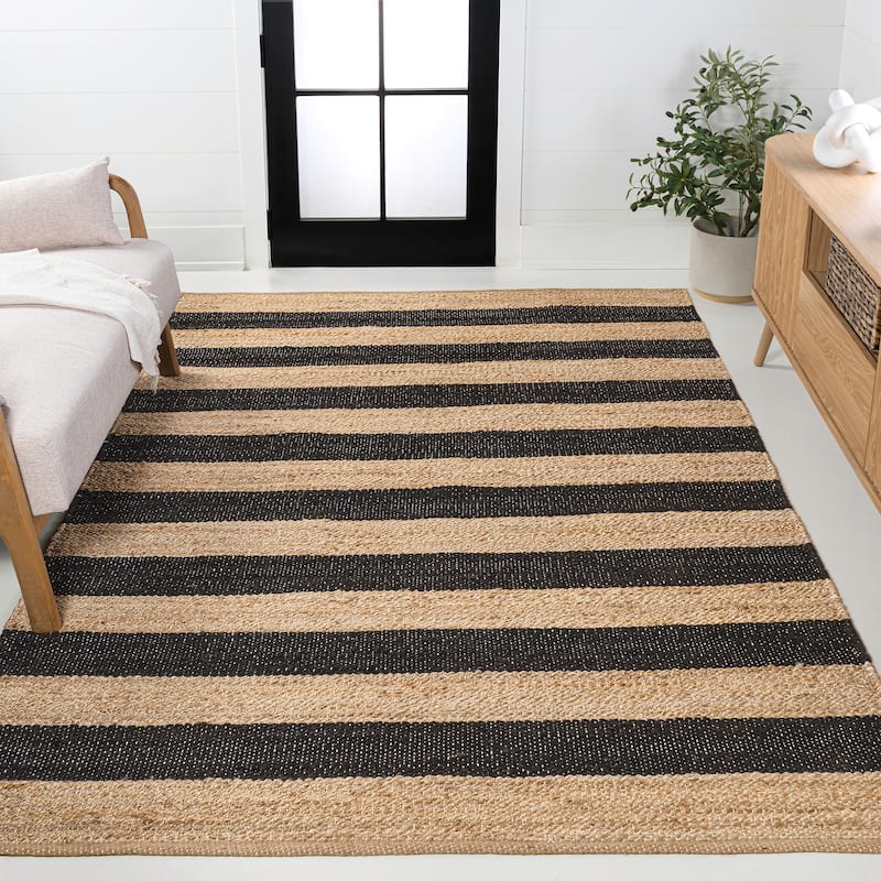 JONATHAN Y Jayden Rustic Farmhouse Woven Jute Stripe Area Rug - Natural/Black - 5 X 8