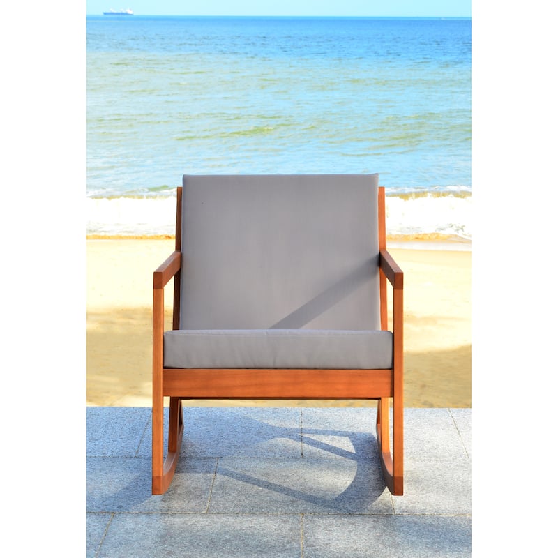 SAFAVIEH Outdoor Makaila Rocking Chair with Cushion - 26W x 31D x 38H - Natural/Grey