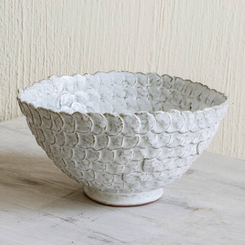 Novica Handmade White Scales Ceramic Serving Bowl