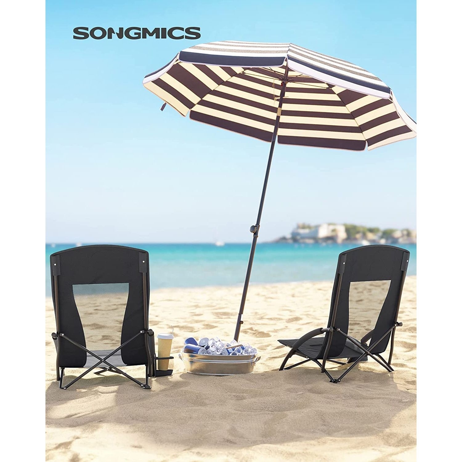 Portable Beach Chair, with High Backrest, Cup Holder, Foldable