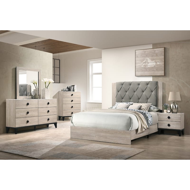 Contemporary 1pc Cream Finish California King Size Bed Bedroom Furniture Gray Tufted Design Headboard Rubberwood 1pc Bedframe