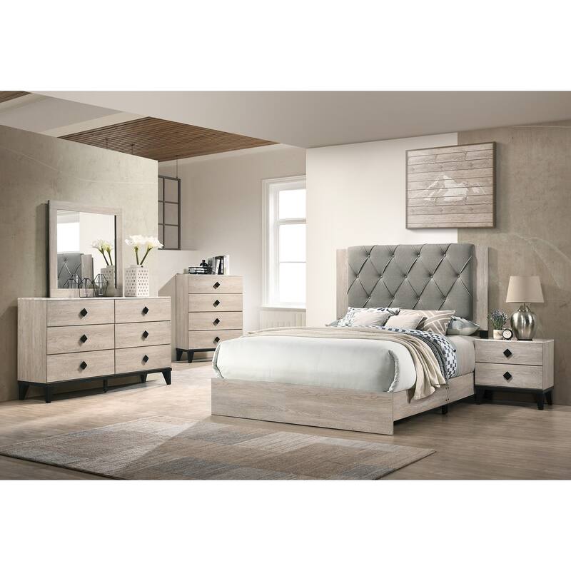 Queen Size Upholstered Bed with Tufted Gray Headboard in Cream Finish - Rubberwood Frame