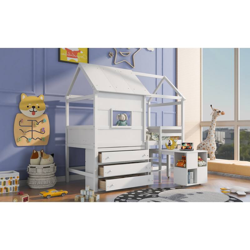 Twin Size House Loft Bed with Storage Desk and 3 Drawer Chest Bed Bath & Beyond 39301601