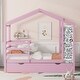 preview thumbnail 2 of 12, Pink Twin Size Solid Wood House Bed with Trundle, Fence and Writing Board for Kids, Boys and Girls, Bedroom