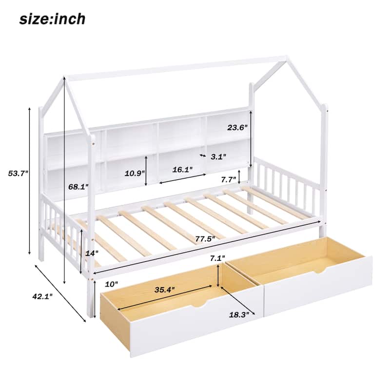 White Wooden Twin Size House Bed with Two Drawers and Storage Shelf