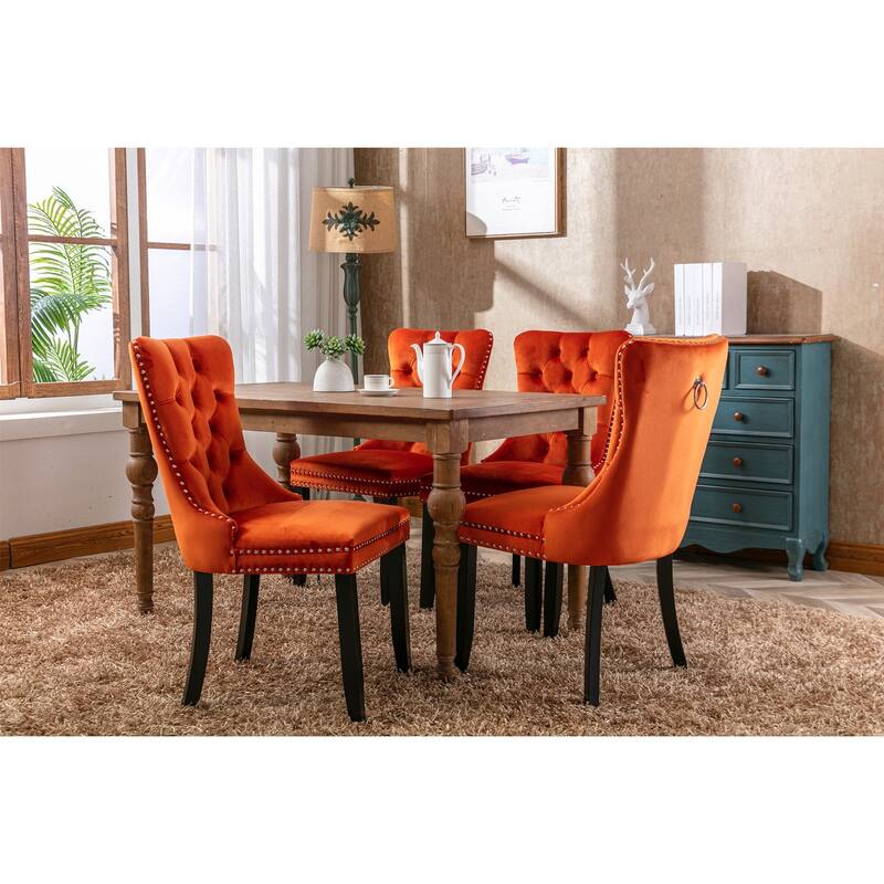 Velvet Dining Chairs Set of 2, Tufted Upholstered Side Chair, Dining Room Chair with Back Ring Pull Trim & Solid Wood Legs