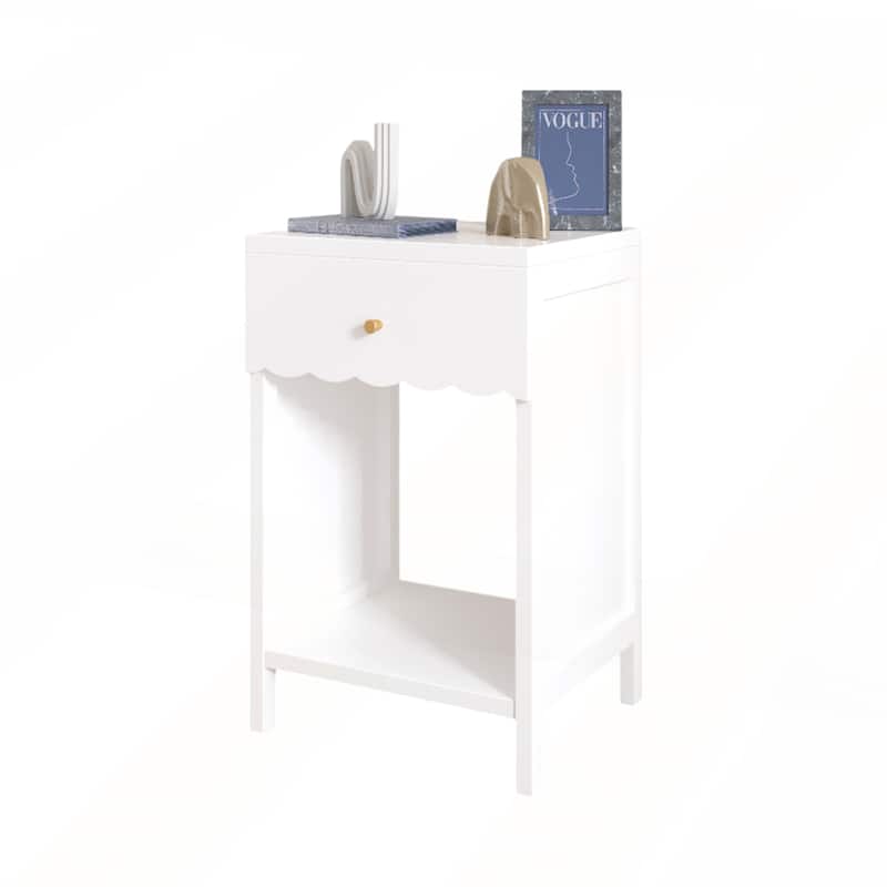 Modern White Nightstand with Drawer and Open Shelf for Bedroom