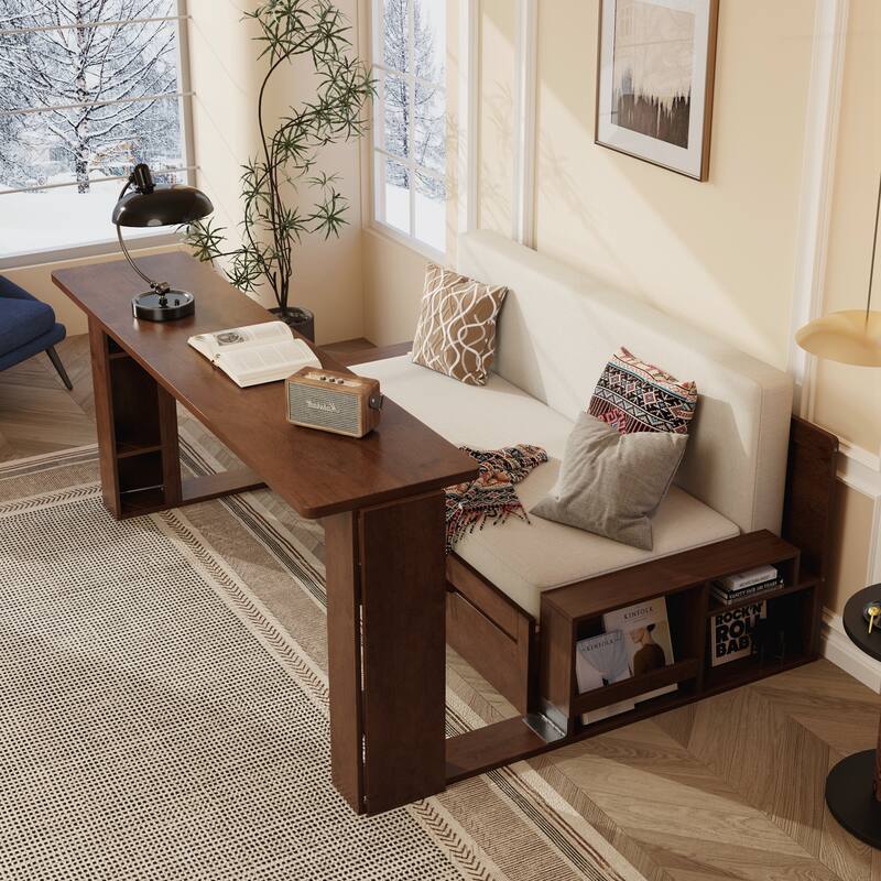 Queen Size Daybed with Removable Desk, Storage Drawers & Hydraulic Side Table