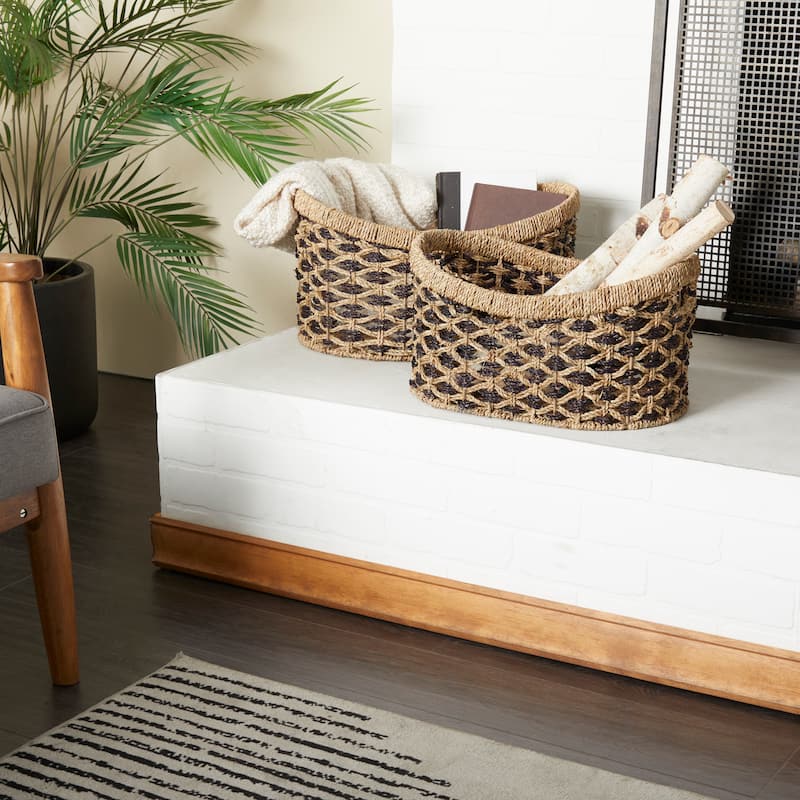 Seagrass Handmade Two Toned Storage Basket with Handles - Set of 2 Brown - Roche River Decor - 13"W x 18"L x 10"H