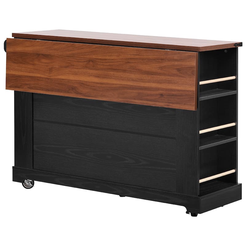 53'' Kitchen Island with Two Tempered Glass Cabinet Doors, Rolling Kitchen Cart on Wheels with Drop Leaf, Power Outlet