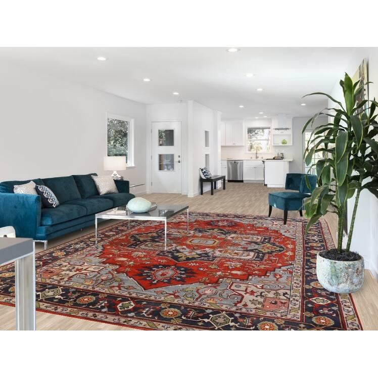 Hand Knotted Oriental 100% Wool Carpet Traditional Medallion Oranges & Rust Heriz (serapi) Area Rug - 12' 2'' X 8' 11''