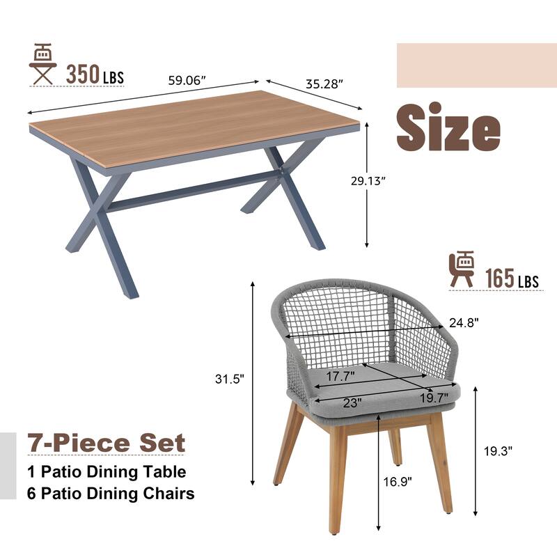 Outdoor 7-Piece Dining Set Chair with Rope-woven Backrest and Table