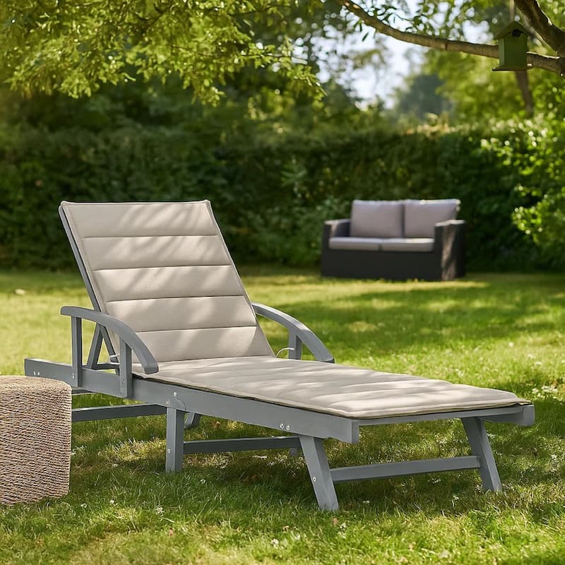Kaye Outdoor Sun Lounger, 79 Inch Gray Acacia Wood, Cream Polyester