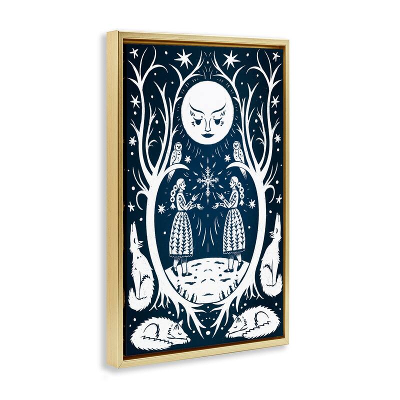Stupell Woodland Folk Girls with Moon Framed Floater Canvas Wall Art Design By Hannah Moren