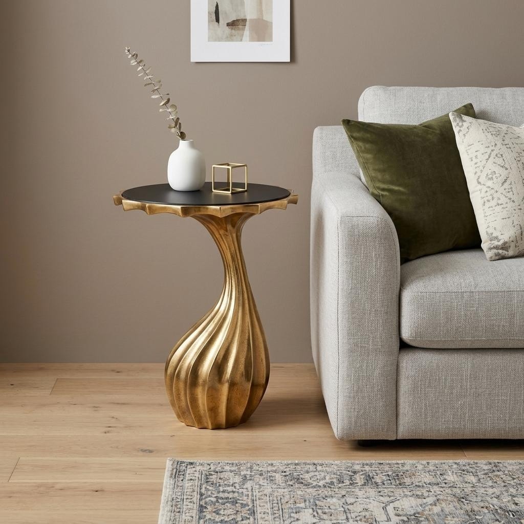 HomeRoots 25" Gold And Black Aluminum And Granite Round Abstract End Table - 16.50 in. x 24.50 in. x 16.50 in.
