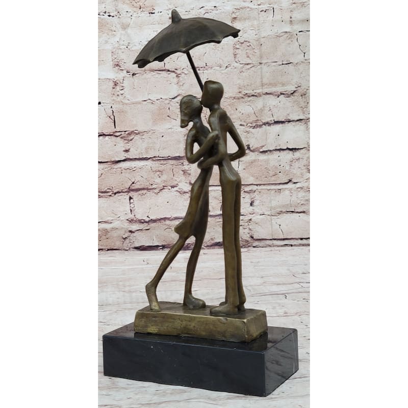 Lovers Romantic Kiss Under Umbrella Abstract Bronze Sculpture Figurine Original Art