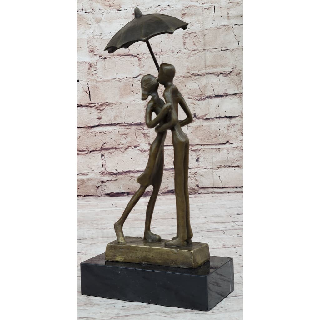 Lovers Romantic Kiss Under Umbrella Abstract Bronze Sculpture Figurine Original Art