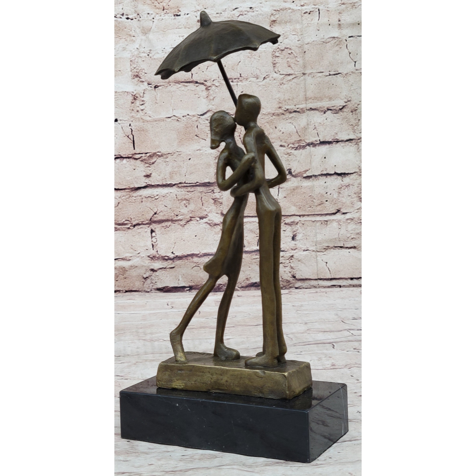 Lovers Romantic Kiss Under Umbrella Abstract Bronze Sculpture Figurine Original Art