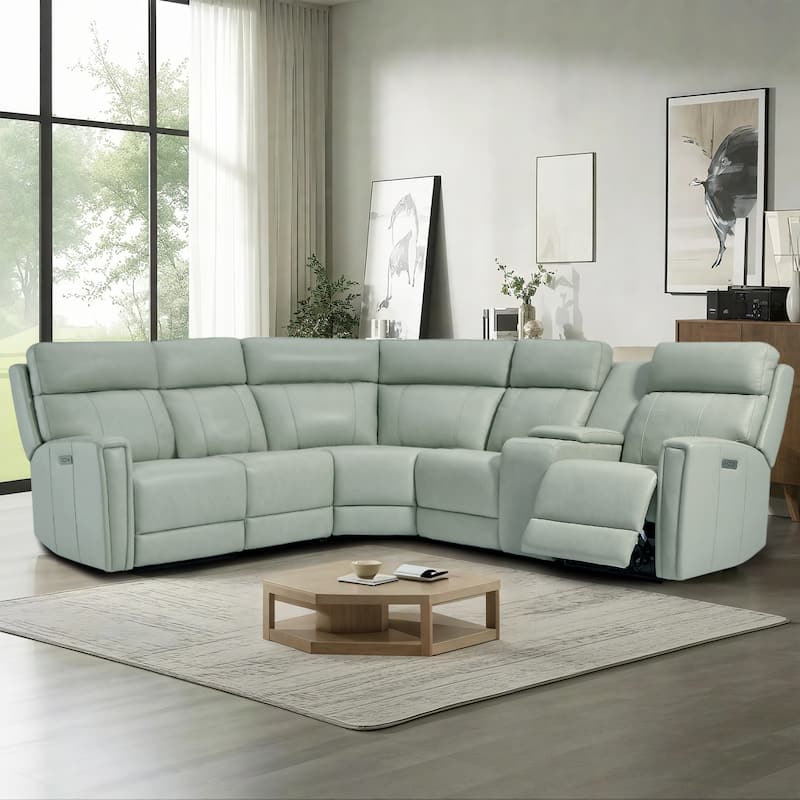 104" W Genuine Leather Power Recliner Sectional Sofa with Zero Gravity, Ajustable Headrest, USB Ports & Console - Green