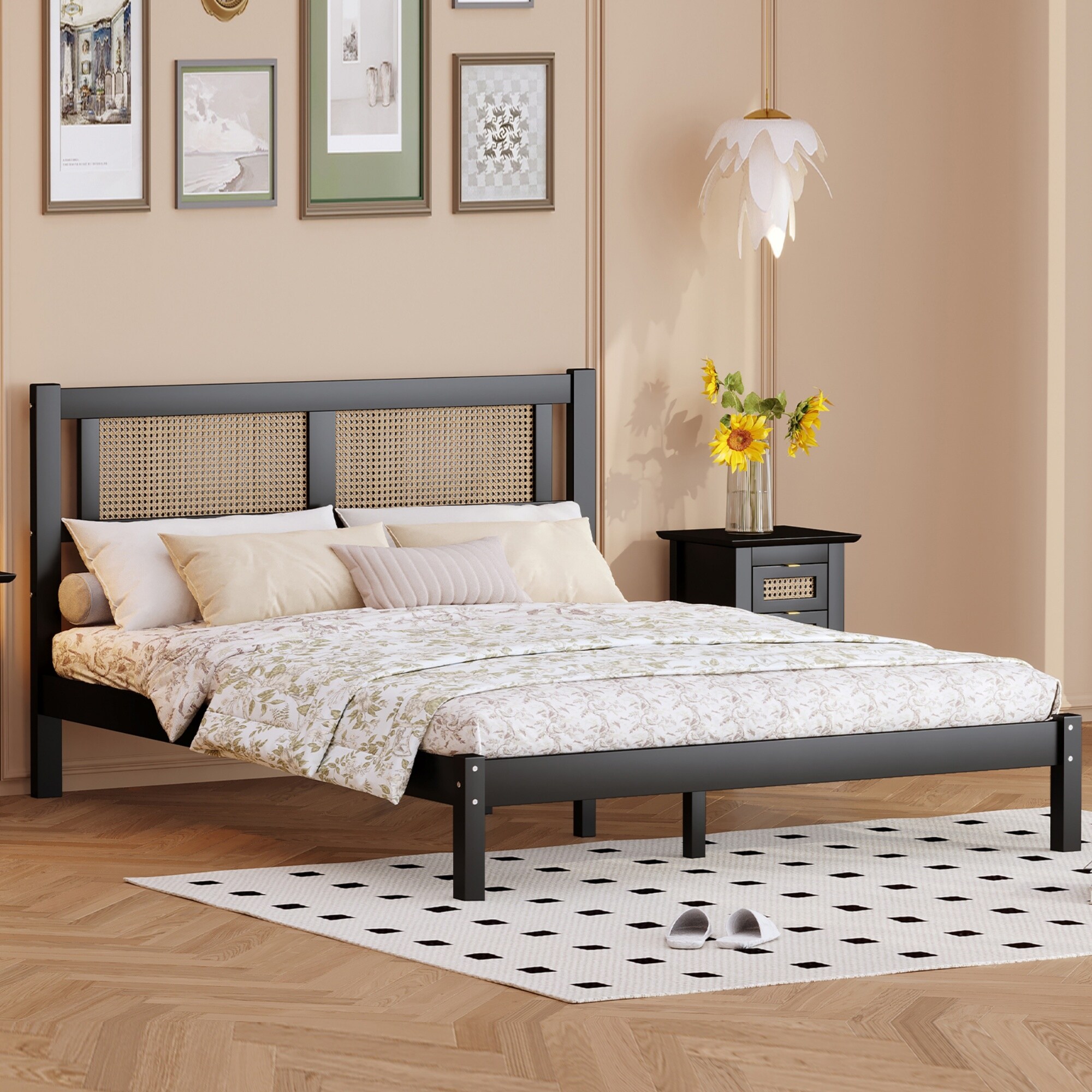 Bohemian Rattan Headboard Platform Bed for Master Bedroom Queen Size Black Double Bed Frame Wood Slat Support