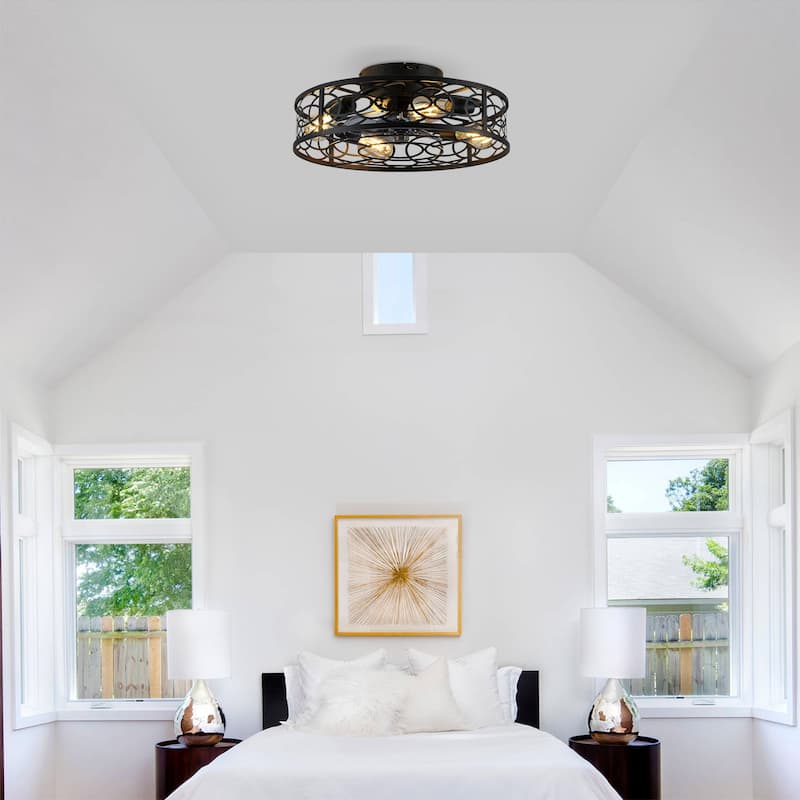 20" Caged Ceiling Fans with Lights,Bladeless Ceiling Fan 6 Speed Reversible with Remote Control,Flush Mount Caged Ceiling Fan