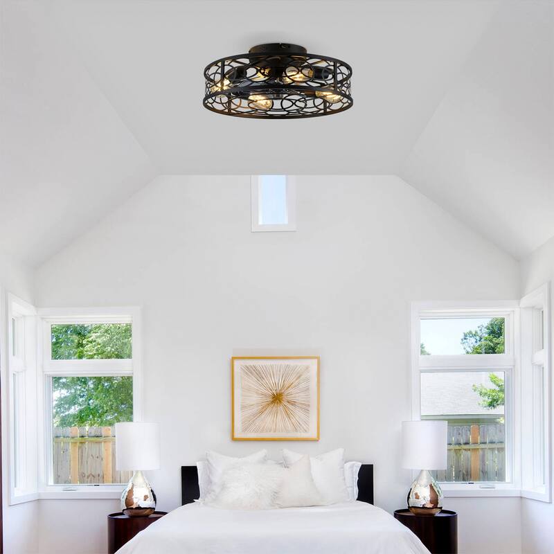 20 inch Flush Mount Ceiling Fan Light with Remote Caged Farmhouse Fandelier Black Wood Low Profile