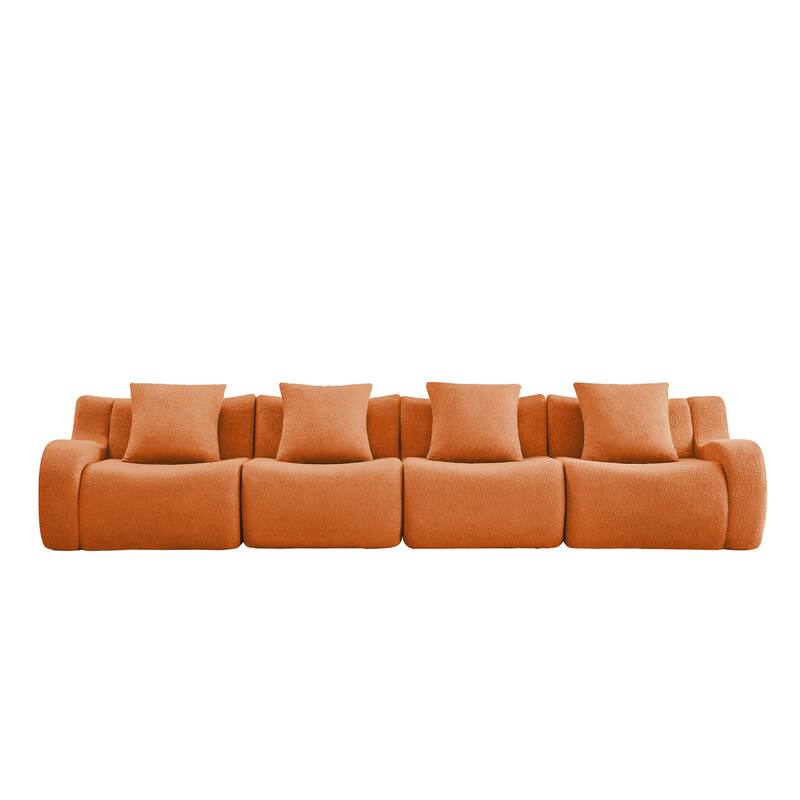 118" Teddy Fabric Boneless Couch, Upholstered 4-Seat Sofa with Curved Armrests, Modular Deep Seat Sofa, No Assembly Required