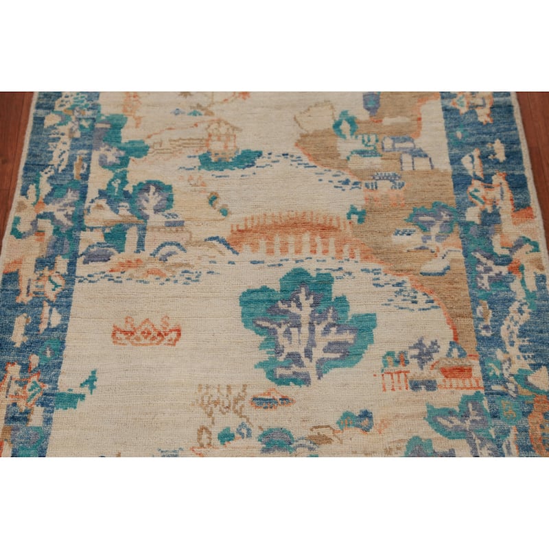 Hand Knotted Oriental 100% Wool Carpet Traditional Pictorial Beige & Ivories Art Deco Area Rug - 4' 9'' X 3' 3''
