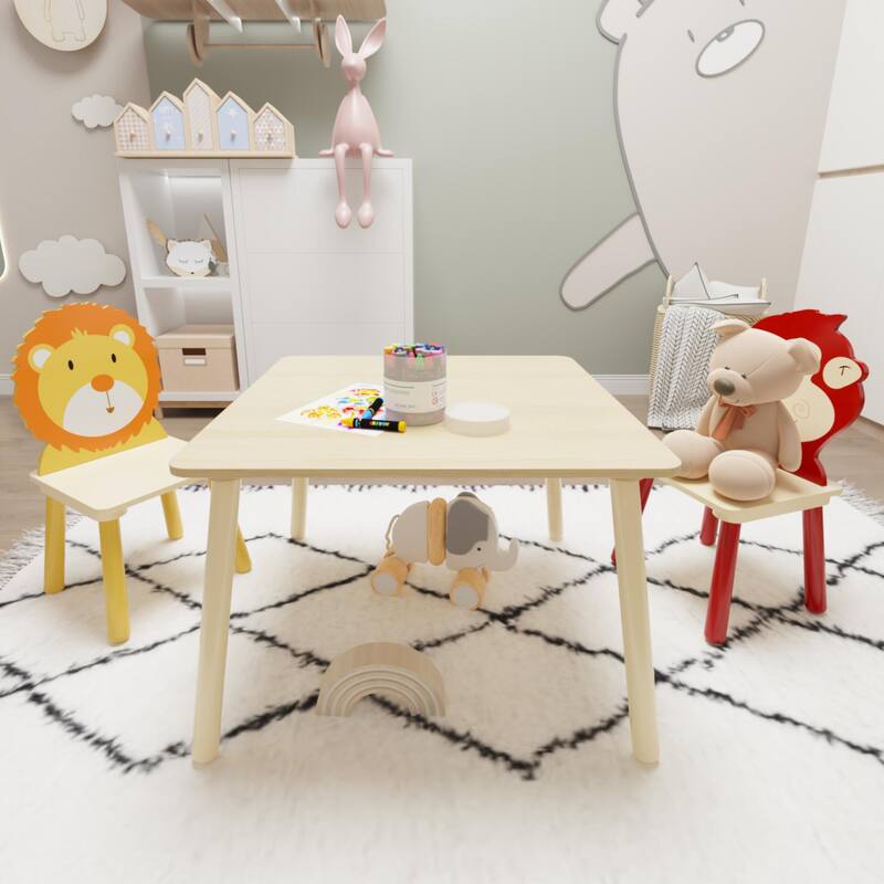 Anmytek Toddler 3-Piece Wooden Table and Chair Set Kids Activity Desk with Animal Backrest for Playroom Nursery