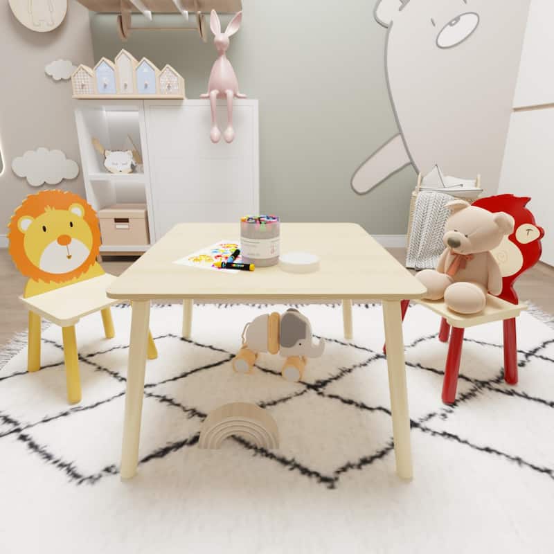 Kids Table and 2 Chairs Set,3 Pieces Toddler Table and Chair Set,Wooden Activity Play Table Set (Lion&Monkey)