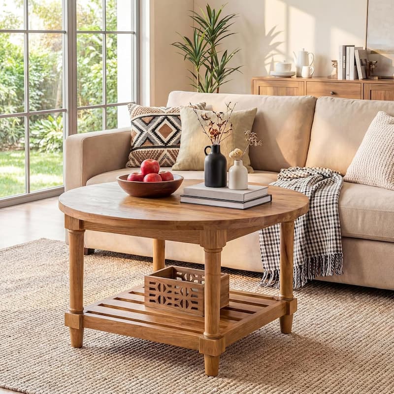 31.5-Inch Round Coffee Table, 2-Tier Circle Accent Table for Living Room, Rustic Brown