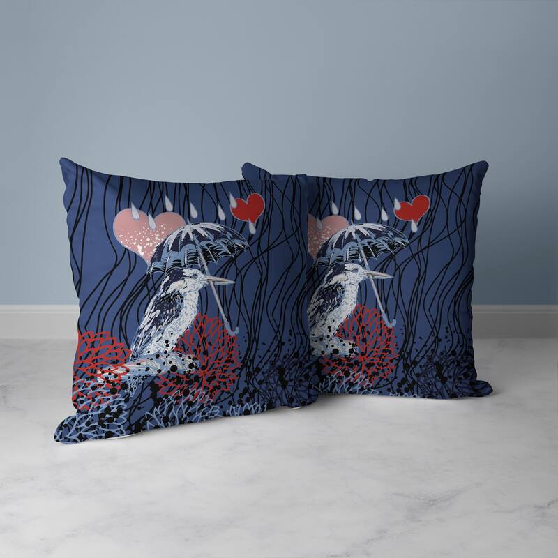 Blue And Red Bird with Umbrella Faux Suede Throw Pillow Zipper