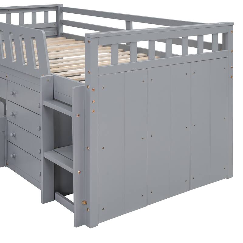 L-shaped Space-Saving Loft and Platform Bed with 7 Drawers and Guardrails
