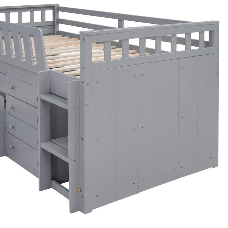 L-shaped Twin Bunk Bed, Loft and Platform Bed with 7 Drawers and Full Guardrails