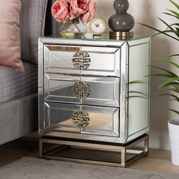 Shop Laken Mirrored And Antique Bronze Finished 3 Drawer Nightstand Overstock 32102351