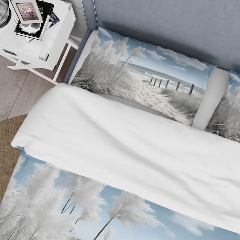 Designart "Beach Seascape Dreams Path II" Grey Coastal - Bed Cover Set With Shams