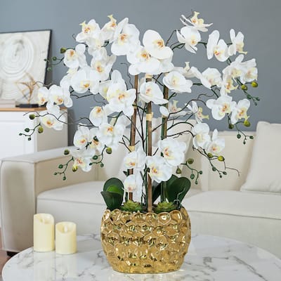 8 Stems Real Touch Phalaenopsis Plastic Orchids with Succulents in White Ceramic Pot - 35.43" H x 31.5" W x 31.5 " D