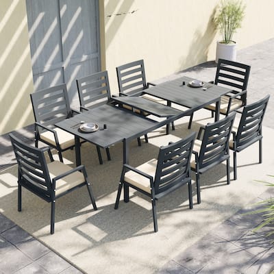 Rectangular Outdoor Patio Dining Table in Aluminum Extendable Leaf Tabletop for Porch & Backyard