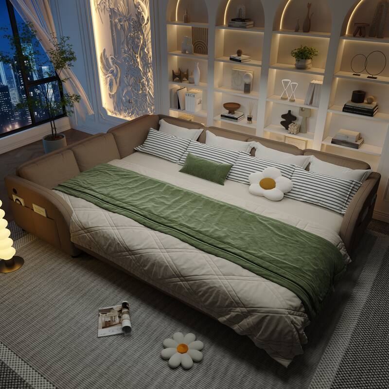 115" L-Shaped Sectional with Pull-Out Bed, USB Ports & Side Pockets, King Size Upholstered Bed