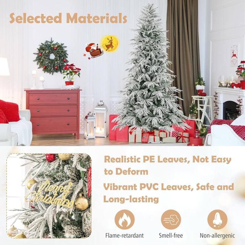 6/7/8 FT Pre-lit Artificial Christmas Tree Snow Flocked Xmas Tree
