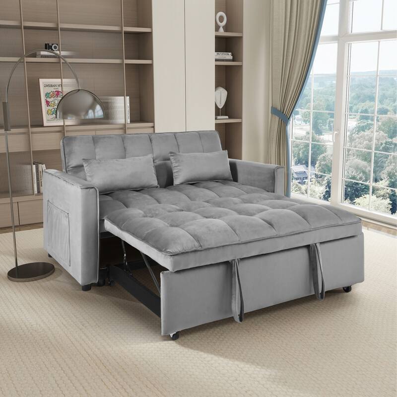 3-in-1 Pull Out Couch Bed with Reclining Backrest and Pillows - Grey