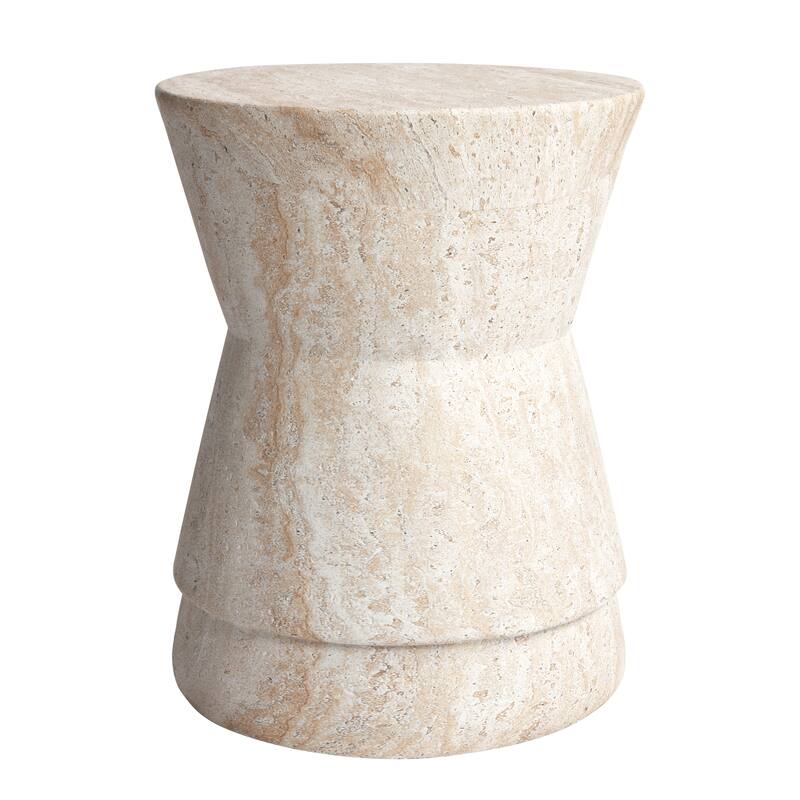 Hourglass Travertine Stone Finish Italian Design MgO Side Accent Table - 14.4"x14.4"x17.7"