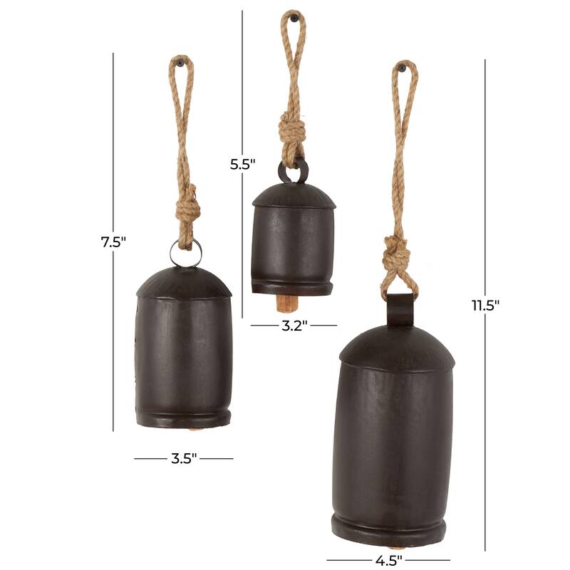 Metal Tibetan Inspired Indoor Outdoor Decorative Cow Bells with Jute Hanging Rope (Set of 3) - Set of 3 - 10",8",6"H