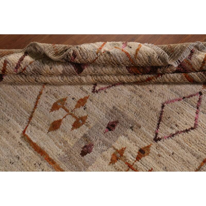 Geometric Beige Moroccan Oriental Area Rug Handmade Tribal Wool Carpet - 6'11" x 9'9"